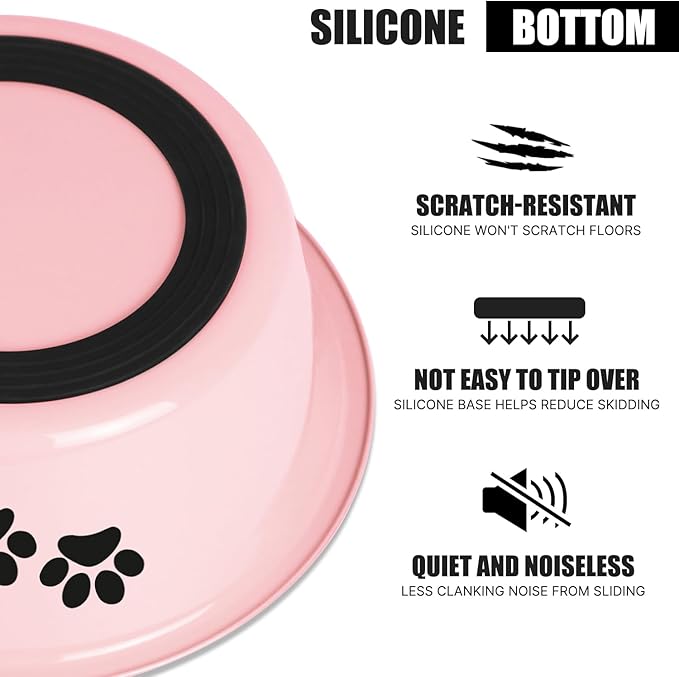 Stainless Steel Dog Bowls, Nonslip Rubber Bottom No Spill Proof Skid Metal Insulated Dog Bowls for Large Medium Small Breed Dogs (Pink, 8.5 Cups/71 OZ)
