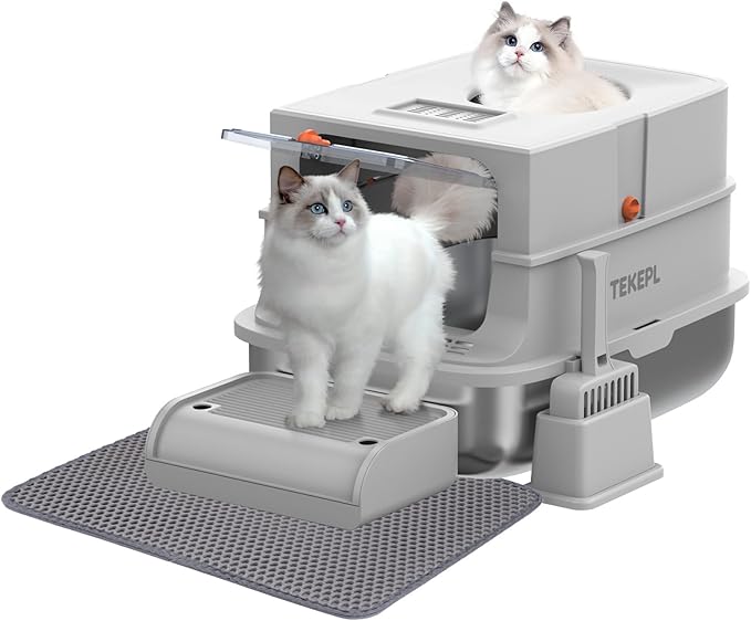 Stainless Steel Cat Litter Box with Lid, Extra Large Cat Litter Box for Large Cat, Metal Litter Pan with High Sided Enclosed and Scoop, Front & Top Entry, Anti-Leakage, Easy to Clean, Grey