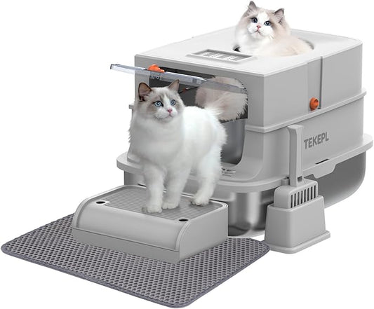 Stainless Steel Cat Litter Box with Lid, Extra Large Cat Litter Box for Large Cat, Metal Litter Pan with High Sided Enclosed and Scoop, Front & Top Entry, Anti-Leakage, Easy to Clean, Grey