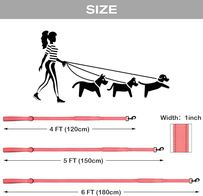 Joytale Dog Leash Heavy Duty for Large Dogs That Pull, Double Handle for Traffic Control, Double-Sided Reflective Leashes for Large Medium Dogs Night Safety, 6FT, Neon Pink