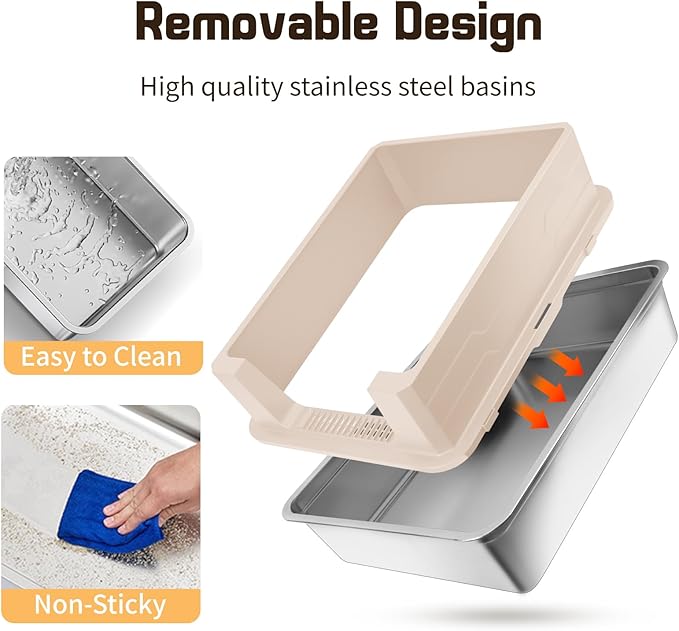 Stainless Steel Litter Box, XXXL 27.6" H x 19.7" W x 11.8" H Extra Large Metal High Sided Cat Litter Box with Scoop, Leak-Proof, Easy Clean for Big Cats/Multiple Cats (Khaki)