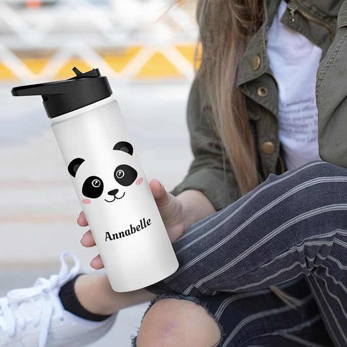 winorax Personalized Panda Water Bottle Pandas Pattern Design Sports Bottles 12oz 18oz 32oz Insulated Stainless Steel Travel Cup Birthday Christmas Back To School Gift for Girls Kids Animal Lovers