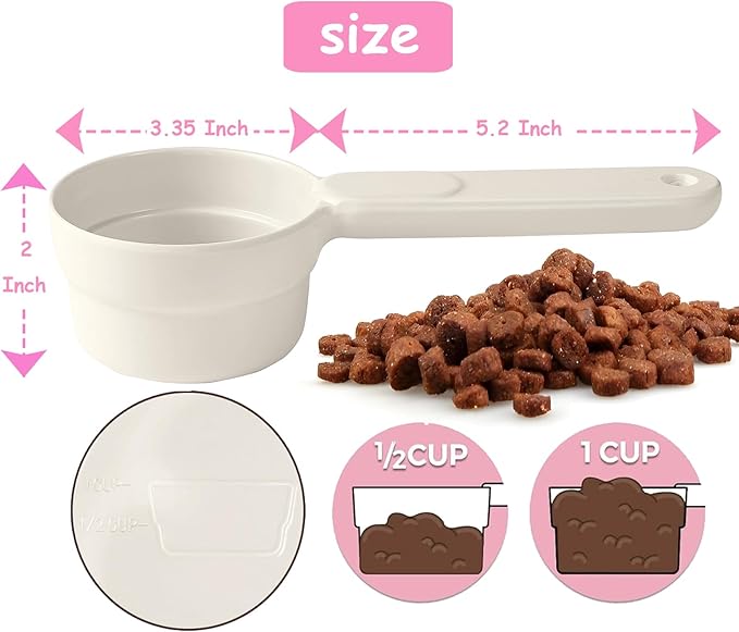 Dog Food Scoop 1 Cup 1/2 Cup - Melamine Dog Food Measuring Cup, Pet Food Scoop for Dog Cat...Comfortable Long Handle for Easy to Scoop Food, White 1 Cup