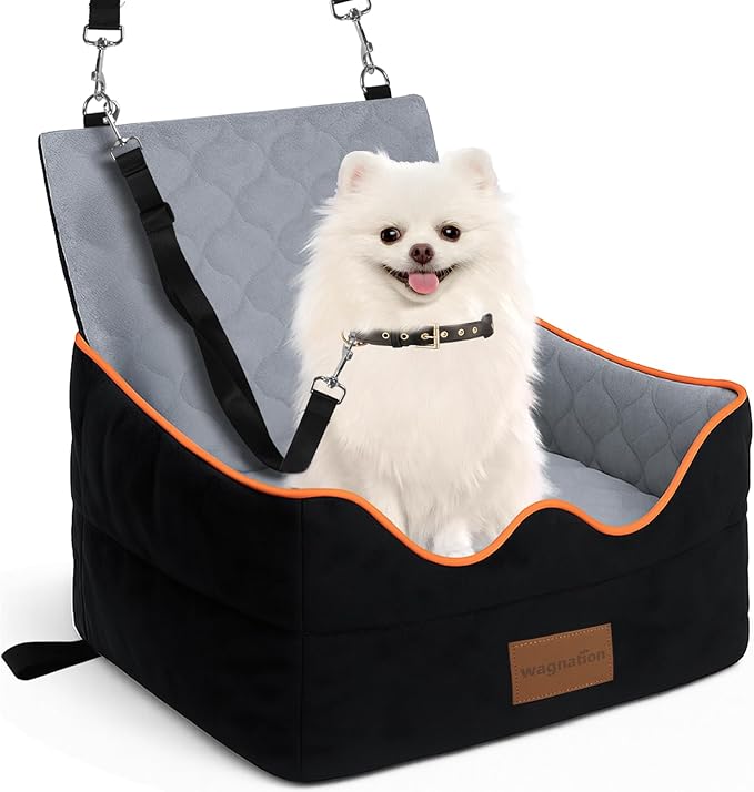 Dog Car Seat for Small/Medium Dogs Under 35lbs, Pet Booster Seat with 4in Memory Foam Cushion, Fully Detachable and Washable, Travel Dog Carseat with Storage Pocket and Safety Belt