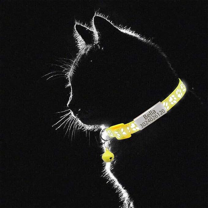 Personalized 2 Pack Reflective Cat Collar,Custom Breakaway Cat Collars with Name Tag and Bell,Anti-Lost Nameplate Cat Collar for Girls & Boys (Yellow,fit 8''-11.0'')