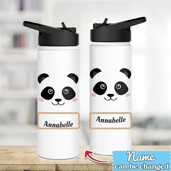 winorax Personalized Panda Water Bottle Pandas Pattern Design Sports Bottles 12oz 18oz 32oz Insulated Stainless Steel Travel Cup Birthday Christmas Back To School Gift for Girls Kids Animal Lovers