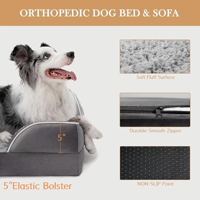 Comfort Expression Orthopedic Dog Bed for Extra Large Dogs 45x35 Inch, Waterproof Supportive Memory Foam XL Pet Bed with Removable Bolster, Dog Couch with Washable Cover & Non-Slip Bottom, Silver Grey