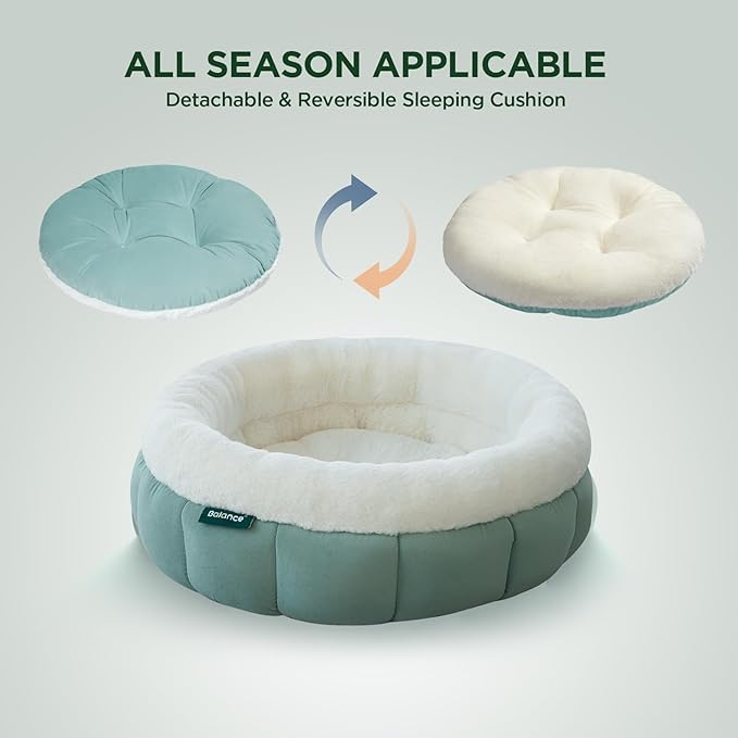 BALANCE Cat Beds for Indoor Cats, Washable Round Dog Bed, Donut Dog Bed with Anti-Slip Bottom for Small Dogs, 28 Inches, Granite Green
