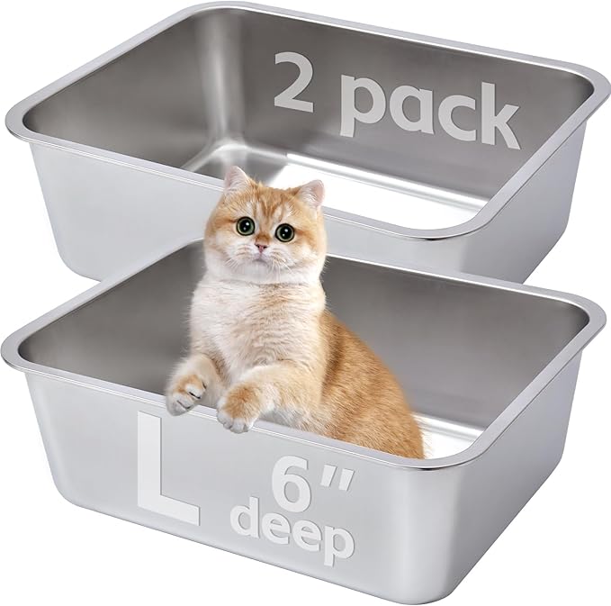Stainless Steel Litter Box 2 Pack，Metal Litter Box Easy to Clean,Cat Litterbox Supplies for Kitten, Kitty, Rabbit, 6" High Side Cat Litter boxs,Stainless Steel LitterBox, No Smell,Non Stick