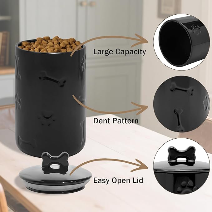 Dog Treat Container Airtight - 9"x5" Black Large Ceramic Dog Treat Jar for Kitchen Counter, Dog Cookie Jar with Lid - Farmhouse Style Dog Food Storage Container for Dogs, Cats, Pets