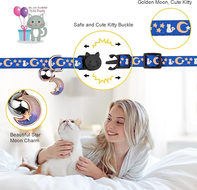 2PCS Breakaway Cat Collars with Bell Moons Stars Cute Kitty Adjustable Safe Kitten Collars with Pendant Glow in The Dark(Black&Blue)