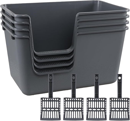 Extra Large Cat Litter Box with High Sides, Anti-Splashing Kitty Litter Box for Muti Cats, Open Big Cat Litter Pan, 4 Pack(Grey)