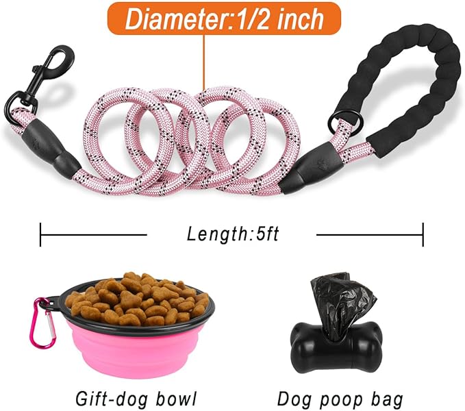 BARKBAY Dog Leashes for Large Dogs Heavy Duty Dog Leash 4/5/6 FT with Comfortable Padded Handle and Highly Reflective Threads for Medium Large Dogs Walking Training Running (5FT-1/2,Baby Pink)