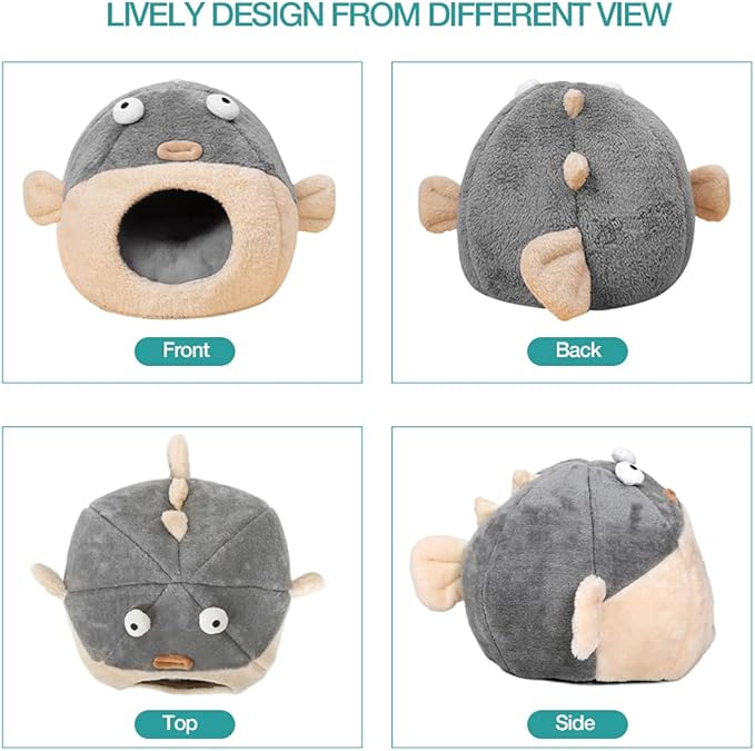 Cat Beds for Indoor Cats - Cat Bed Cave with Removable Washable Cushioned Pillow, Soft Plush Premium Cotton No Deformation Pet Bed, Lively Pufferfish cat House Design, Grey, Multiple Sizes