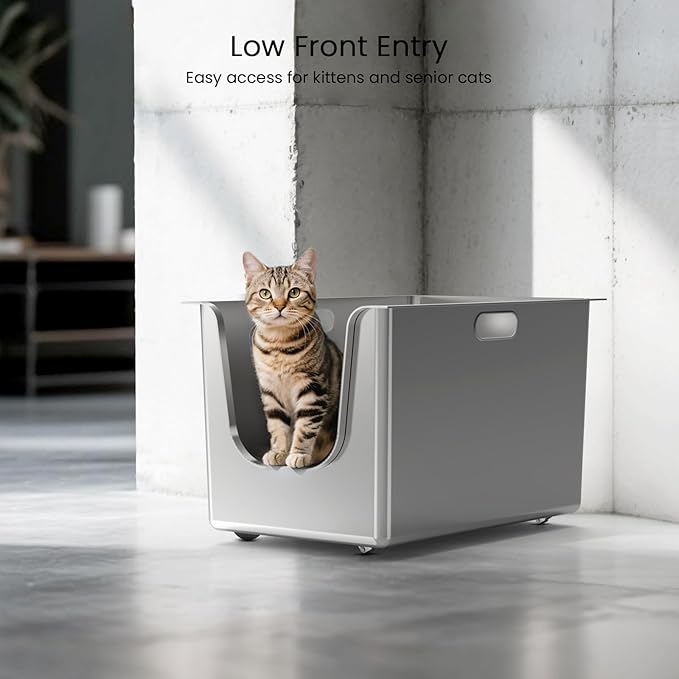 Stainless Steel Litter Box 11.8'' High Sides, XL Metal Cat Litter Box with Curved Low Entry, Cat Litter Pan for Big & Multiple Cats, Pet Toliet with Handy Wheels for Easy Moving