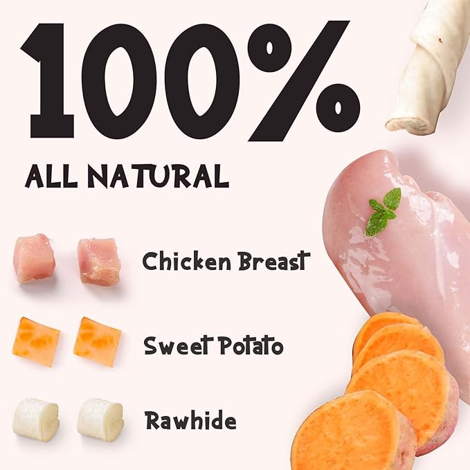 ASMPET Dog Treats Bones, Chicken Wrapped Rawhide Sweet Potato Sticks for Small Medium Large Dogs（6pcs）