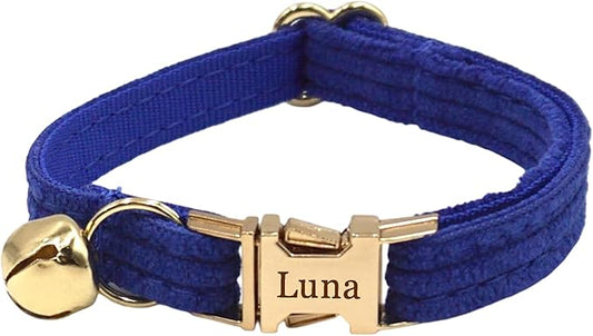 Cute Custom Cat Collar with Bells & Name Tag, Personalized Cat Collars for Girl & Boy Cats, Kitten Collar with Bell (Royal Blue-Striped)