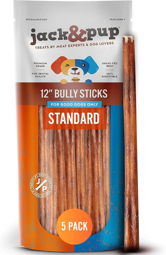 Jack&Pup 12 Inch Standard Bully Sticks for Medium and Large Dogs (5 Pack) Single Ingredient Dog Chew Bully Stick