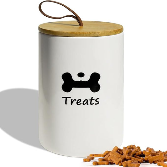Dog Treat Container Airtight - 5 Inch Wide x 7.5 Inch White Ceramic Dog Treat Jar for Kitchen Counter, Doggie Cookie Jar with Airtight Bamboo Lid - Farmhouse Style Dog Food Storage Container