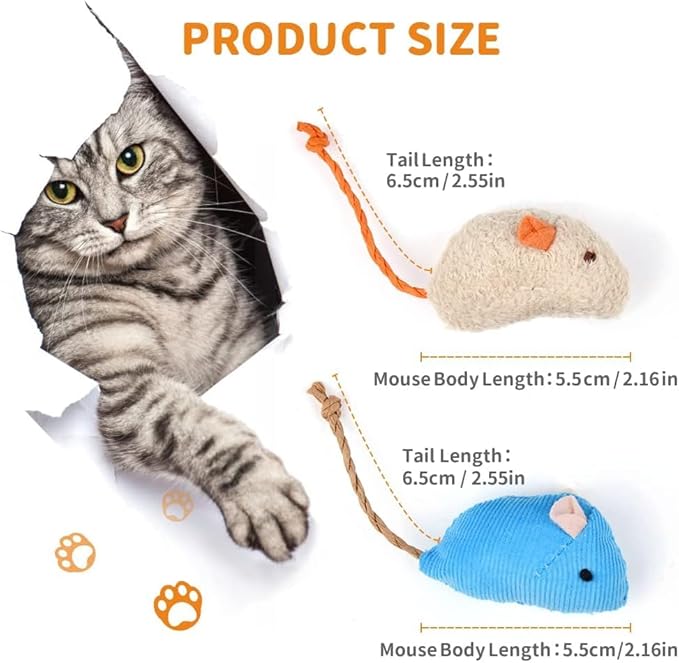 10 Pack Cat Mouse Toy With Fur, Feather, and Rattle Sounds - Interactive Catnip Mice for Chasing, Hunting, Exercising - Kitten Chewing and Teeth Cleaning Toys (Color Random)