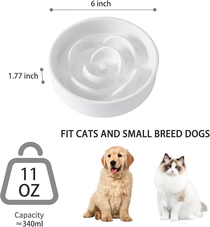 6'' Ceramic Slow Feeder Dog Bowls - Petal Shape Modern Dog Food Dish for Cats and Small Breed Dogs, Puzzle Maze Bowl to Slow Down Eating, Anti-Gulping, Dishwasher & Microwave Safe, White