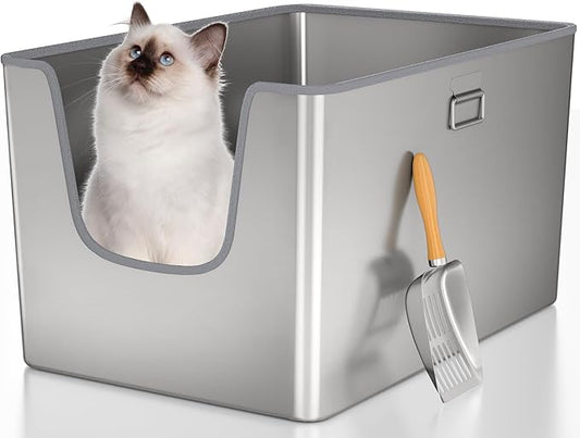 XXL Stainless Steel Cat Litter Box with High Side,No Sharp Edges for Big Cats,One-Piece Deep Metal Litter Box with Curved Low Entry,Anti-Leakage,Non-Sticky,Easy Cleaning(Side Entry)