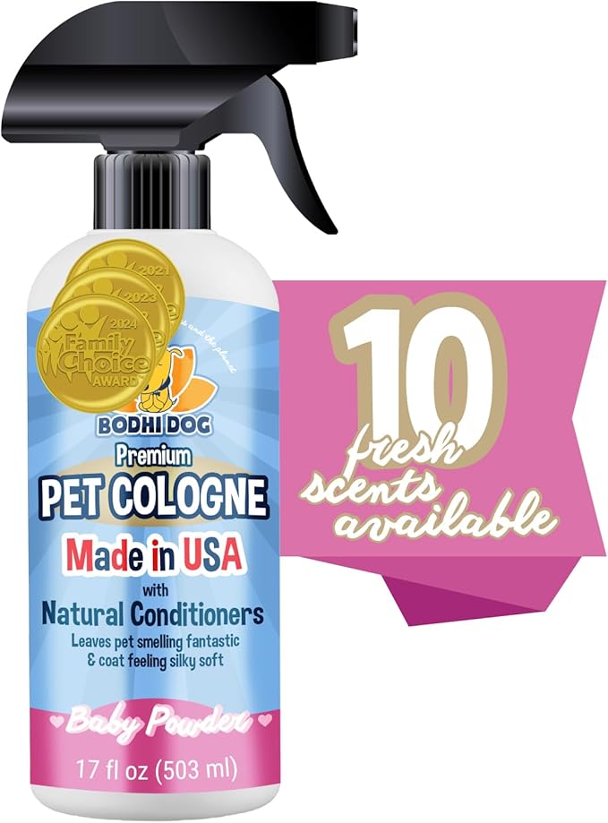 Bodhi Dog Premium Dog Cologne - Deodorizing Dog Perfume & Conditioner for Dogs & Cats - Natural Long Lasting Spray - Keeps Pets Fresh All Day - Gentle, Safe Formula, Made in USA - Baby Powder 17 Fl Oz