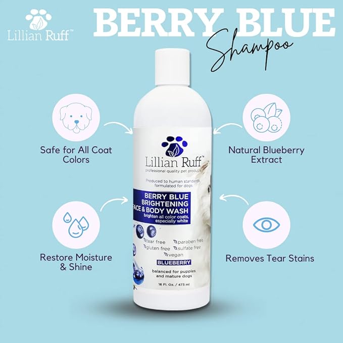 Lillian Ruff PRO Formula Berry Blue Brilliance Bundle - Ultimate Tear Stain & Odor Eliminator Set, Includes Berry Blue Shampoo, Conditioner & Waterless Shampoo, Hydrate, Soften & Detangle, USA Made