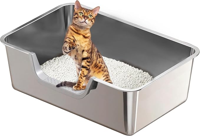 XL Stainless Steel Cat Litter Box, Leak Proof 7.9 Inch High Sides Metal Litter Pan Tray, No Stick No Slip Easy Clean Low Entry Litter Boxes for Older Senior Big Cats, Kittens, 23.6"×15.7", Silver