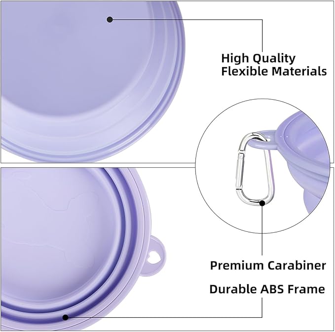 Kytely Collapsible Dog Bowls 2 Pack - X-Large 1500ml Portable Pet Food & Water Bowl for Travel, Hiking, Walking - Foldable Feeding Dish with Carabiner Clip - Lavender & Pink (Dogs/Cats)