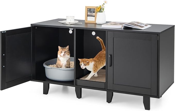 Tangkula Double Cat Litter Box Enclosure for 2 Cats, Large Stackable Hidden Privacy Cat Washroom Cabinet with Scratching Board, Indoor Cat House TV Stand Side Table, Litter Box Furniture (Black)