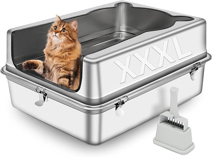Extra Large Stainless Steel Litter Box, XXXL 27.5" L x 19.7" W x 11.8" H Semi Enclosed Removable Metal Cat Litter Box with High Sided Enclosure, Scoop, Anti-Leakage, Non-Sticky, Easy Cleaning