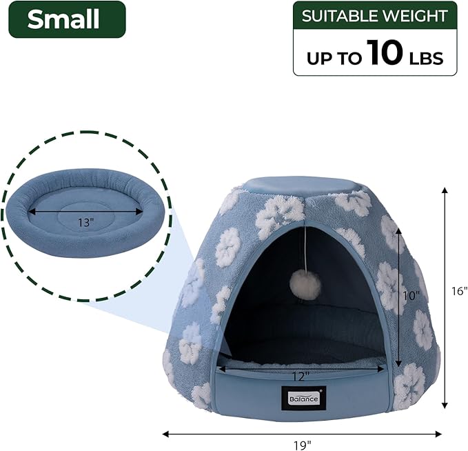 BALANCE Cat Beds for Indoor Cats, 2-in-1 Cat Bed Cave with Anti-Slip Bottom and Ultra-Soft Plush, Cozy Cats House Tent for Kittens and Small Dogs, 19 Inches, Blue