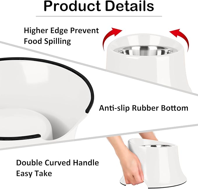 Tilted Elevated Dog Bowls Non-Slip & Non-Spill Pet Feeder with Elevated Detachable Melamine Stand, High Capacity Tilted Dog Bowl for Medium Small Size Dogs M/2 Cup White
