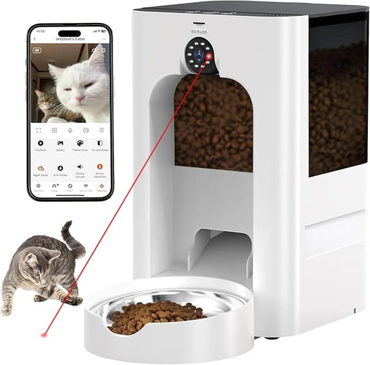Smart Automatic Cat Feeder with 1080P Camera & Laser Toy, 5G WiFi 5L Pet Feeder for Cats & Dogs, Night Vision, Motion Detection, 2-Way Audio, APP Control, Timed Dry Food Dispenser