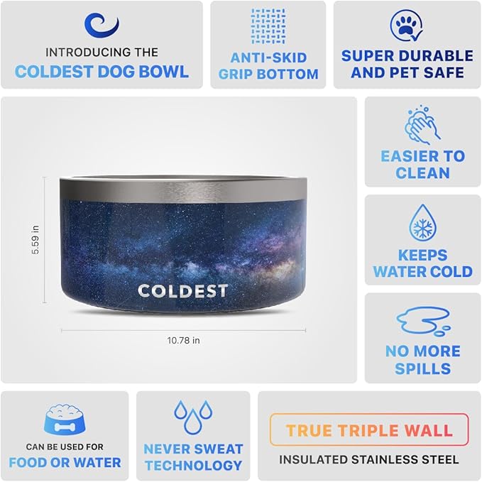 Coldest Dog Bowl - Anti Rust Metal, Non Slip, 3 Layers Insulated Stainless Steel Dog Bowls - Spill Proof & Heavy Duty - Water Bowl for Dogs, Cats & Pets, Dish Washer Safe (200 oz, Into The Beyond)