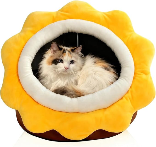 Cat Beds for Indoor Cats - Sun flower-shaped Cat Cave Bed with Hanging Toy,Super Soft Calming Pet Bed for Kitten&puppy,Small Dog,Warm Plush&Machine Washable&Removable Cotton Pad,cat Hideaway(Brown L)