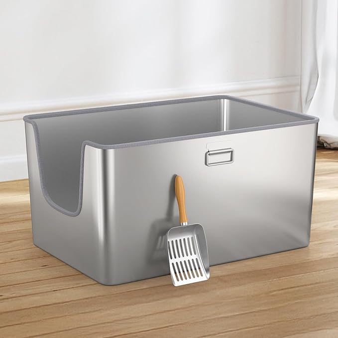 XXL Stainless Steel Cat Litter Box with High Side,No Sharp Edges for Big Cats,One-Piece Deep Metal Litter Box with Curved Low Entry,Anti-Leakage,Non-Sticky,Easy Cleaning(Side Entry)