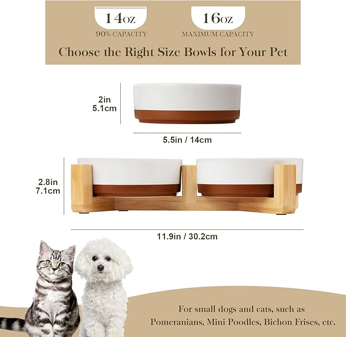 MALACASA Ceramic Dog Bowls, Dog Water/Food Dish with Wood Stand Non-Slip,14oz, Pet Basic Bowls for Your Puppy, Small Dogs or Cats,Glaze Matte Weighted Non-Slip (S-1.5 Cups)