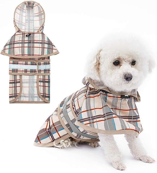KOOLTAIL Dog Raincoat Hooded Slicker Poncho with Leash Hole, Raincoat for Small Medium Dogs, Waterproof Doggie Rain Jacket with Reflective Strip, Adjustable Breathable Plaid Puppy Rainwear-Beige ML