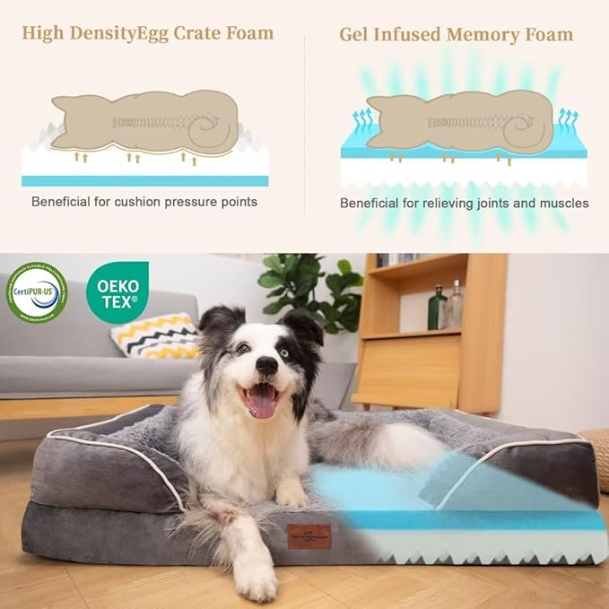 Comfort Expression Orthopedic Dog Bed for Extra Large Dogs 45x35 Inch, Waterproof Supportive Memory Foam XL Pet Bed with Removable Bolster, Dog Couch with Washable Cover & Non-Slip Bottom, Silver Grey