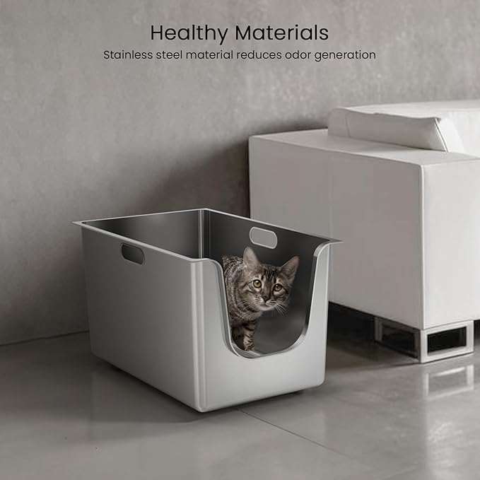 Stainless Steel Litter Box 11.8'' High Sides, XL Metal Cat Litter Box with Curved Low Entry, Cat Litter Pan for Big & Multiple Cats, Pet Toliet with Handy Wheels for Easy Moving