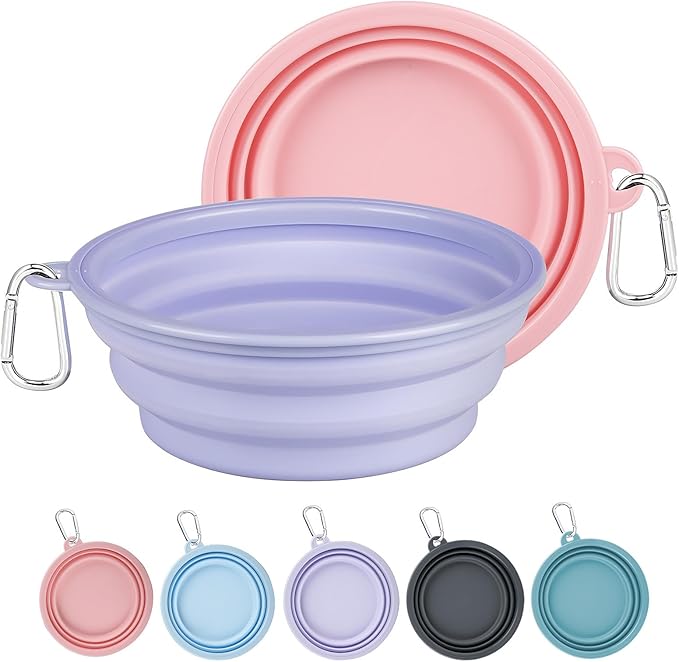 Kytely Collapsible Dog Bowls 2 Pack - X-Large 1500ml Portable Pet Food & Water Bowl for Travel, Hiking, Walking - Foldable Feeding Dish with Carabiner Clip - Lavender & Pink (Dogs/Cats)