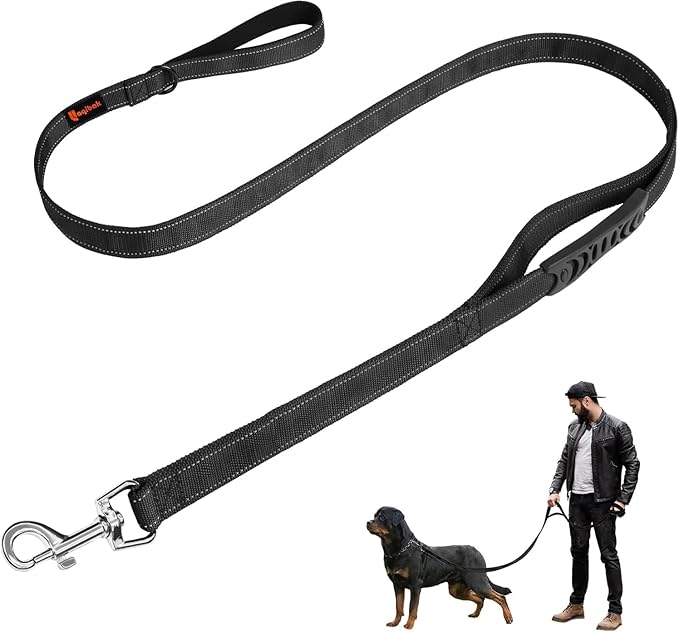 Heavy Duty Dog Leash, Laqibak Double-Sided Reflective Double Handle Dog Leash - Double-Layer Thickening, Lockable Safety Carabiner Design, 6 FT Perfect for Medium & Large Dogs Joyful Strolls, Black