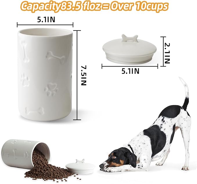 Dog Treat Container Airtight - 9"x5" Large Ceramic Dog Treat Jar for Kitchen Counter, White Dog Cookie Jar with Lid - Farmhouse Style Dog Food Storage Container for Dogs, Cats, Pets