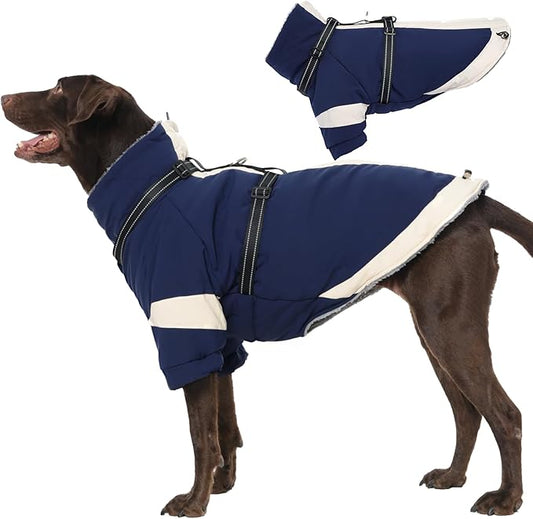 MIGOHI Dog Coat with Harness Built in, 2-in-1 Water-Resistant Dog Jacket, Reflective Snowsuit for Large Dogs, Fleece Lined with Turtleneck, Adjustable Buckle Coats, Border Collies, Navy Blue, XL