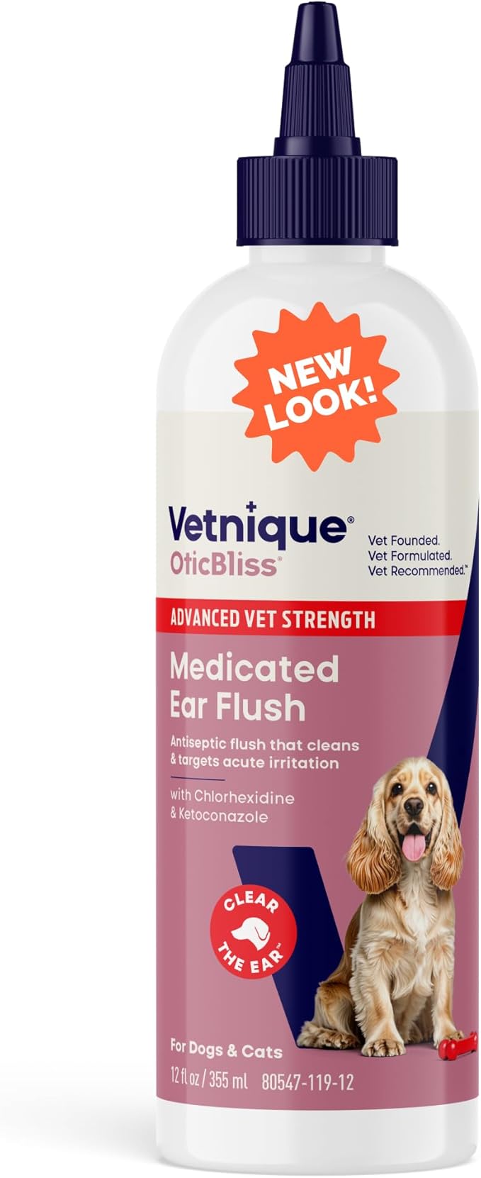 Vetnique Oticbliss Advanced Strength Medicated Dog Ear Infection Treatment, Antiseptic Ear Cleaner for Cat & Dog Ear Cleaning Solution Chlorhexidine & Ketoconazole (12oz Flush)