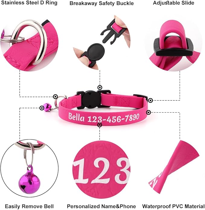 Personalized Cat Collars with Name and Phone Number |Custom Cat Collar with Breakaway Safety Release Buckle and Bells | Cute Waterproof PVC ID Collar for Boy and Girl Kitten Cat