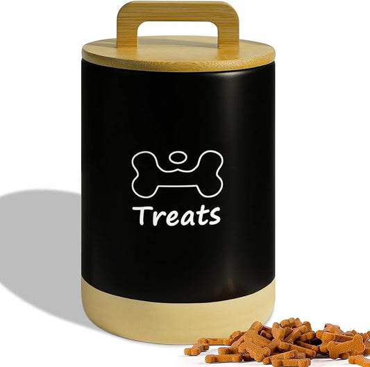 Dog Treat Container Airtight - 5 Inch Wide x 8.7 Inch Black Ceramic Dog Treat Jar for Kitchen Counter, Doggie Cookie Jar with Airtight Bamboo Lid - Farmhouse Style Dog Food Storage Container