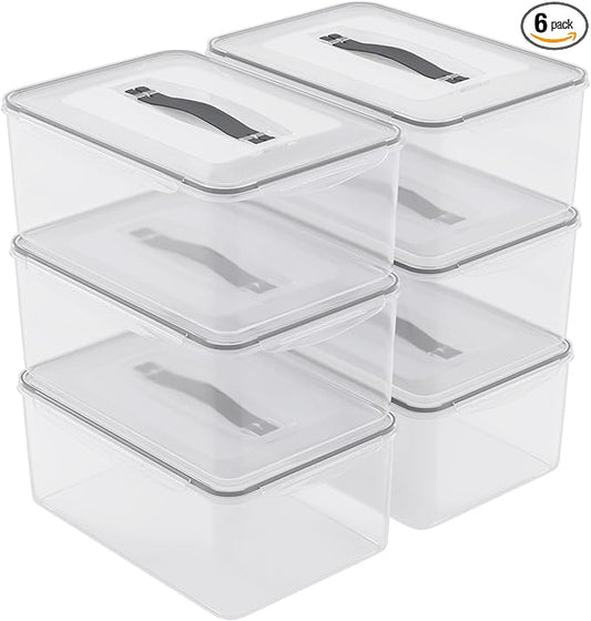 6 Packs Large Plastic Airtight Rectangular Food Storage Container, 15L/33 Lbs, Kitchen Pantry Dry Food Cat/Dog Food Storage Containers Set, Proof Dough Containers, Bread Box